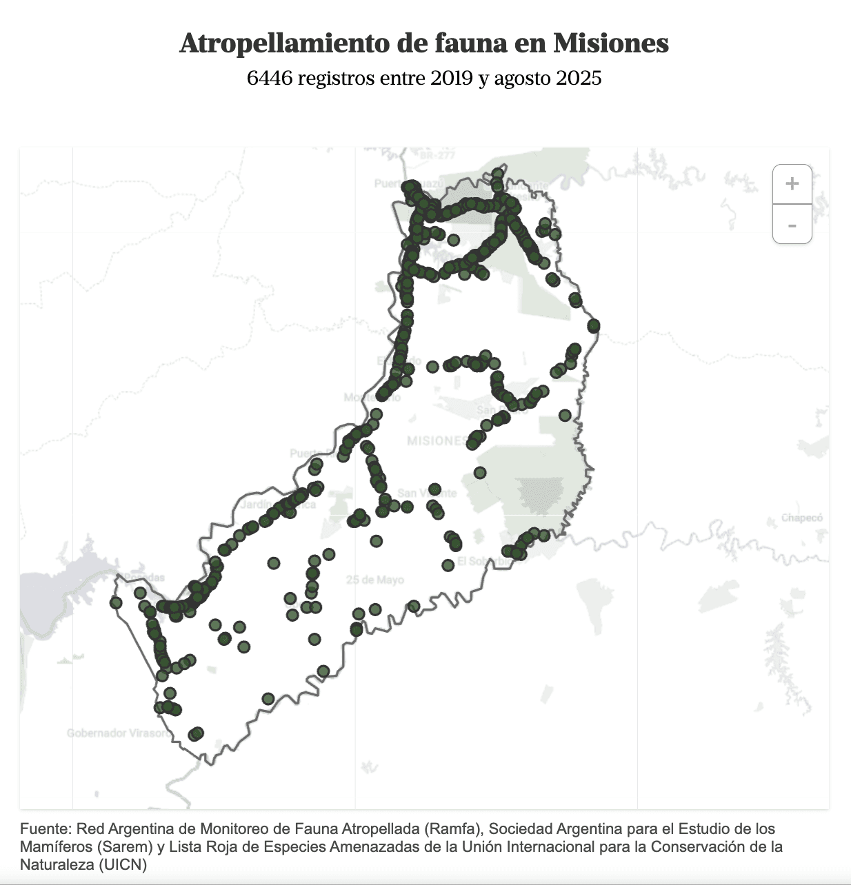 Mapa interactivo con registros de atropellamiento de fauna en Misiones, Argentina - nota de LA NACION