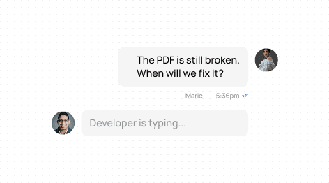 A chat between a team member and a developer, where the team member is asking when will the broken PDF be fixed
