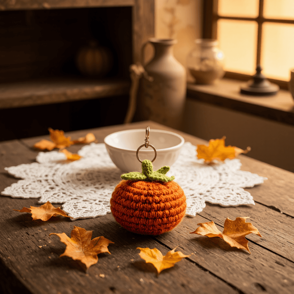 product photography of crocheted pumpkin keychain