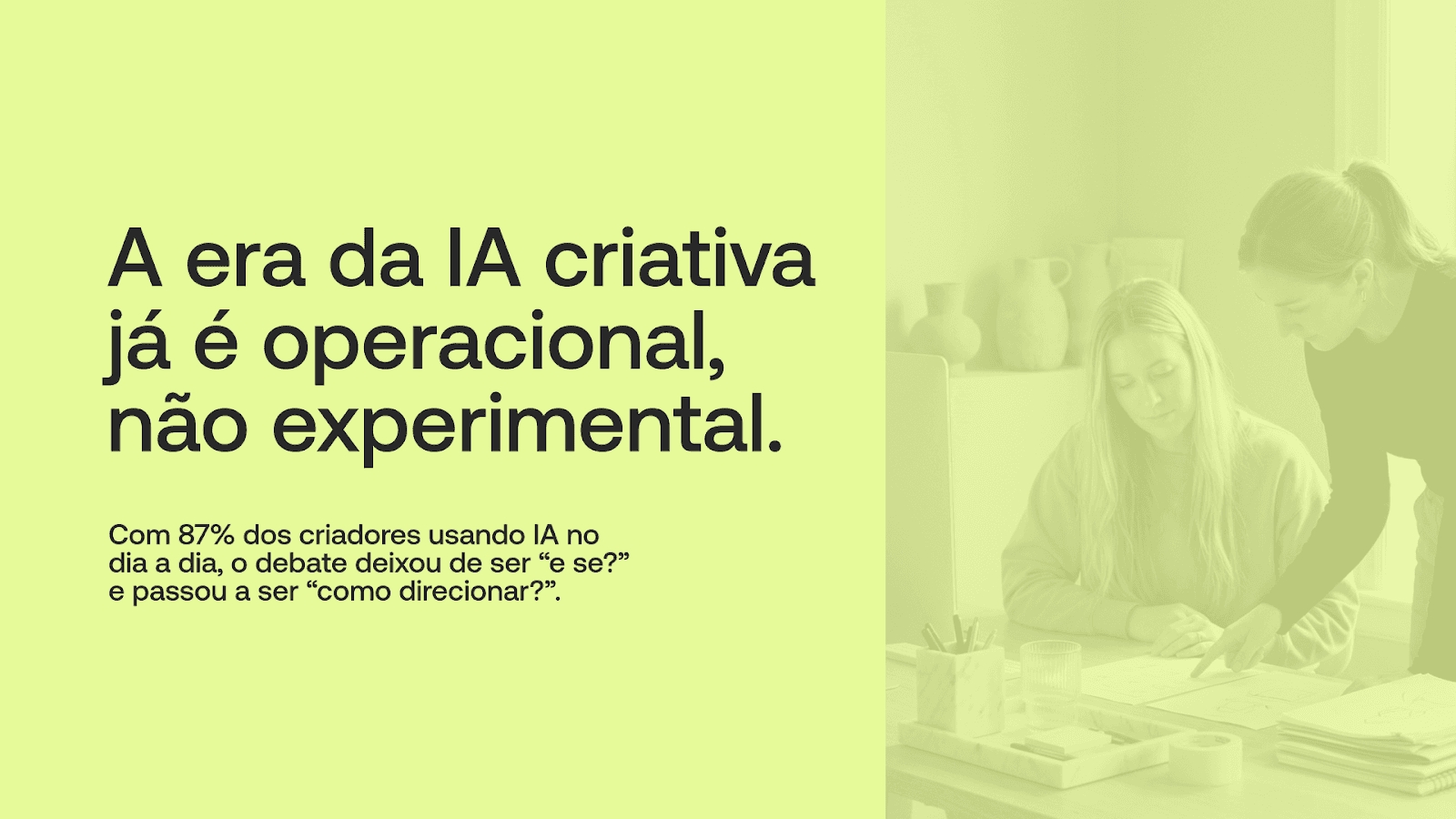 87% dos profissionais criativos já utilizam IA de forma ativa, sendo que 66% afirmam usar essas ferramentas semanalmente.