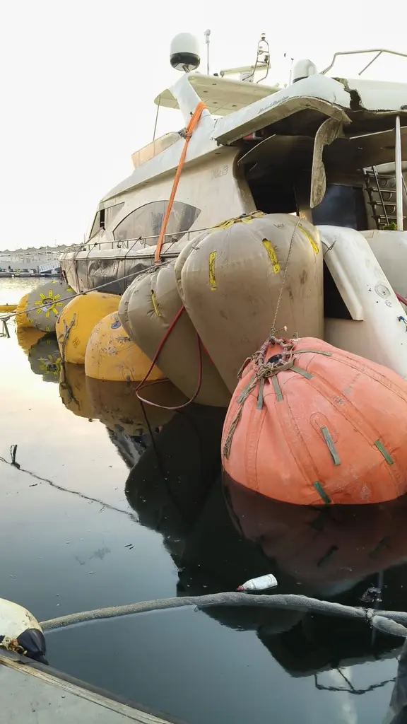 refloatation bags o nthe side of ship