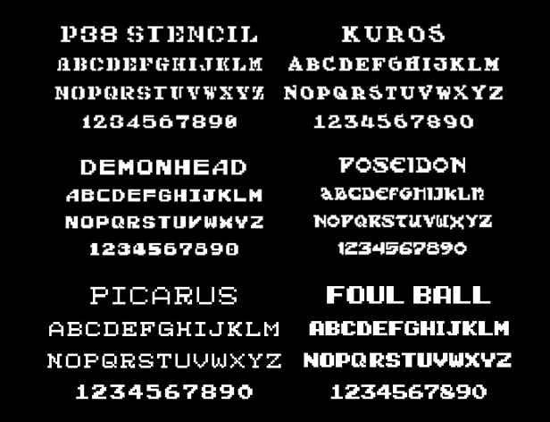 The image displays a collection of uppercase letters in both uppercase and lowercase forms, arranged in a grid-like pattern against a black background. Each character is presented in a pixelated, retro style font. The top row shows "P38 STENCIL" and "KUROS," while the bottom row shows "PICARUS" and "FOUL BALL." Each character is accompanied by its corresponding ASCII value.