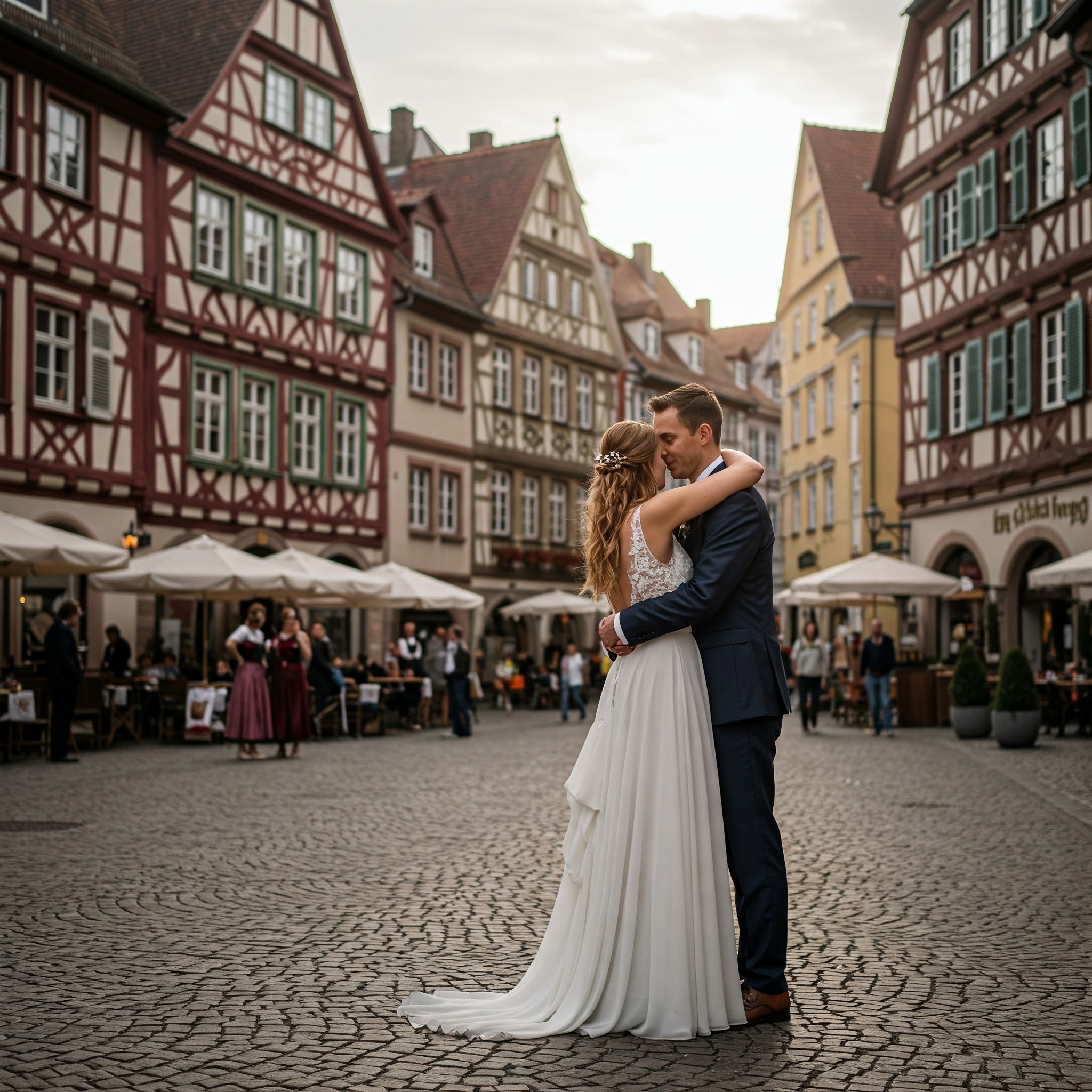 Eine Braut in einem weißen Kleid und ein Bräutigam in einem Anzug umarmen sich vor einer Kulisse von Fachwerkhäusern. Beide wirken sehr glücklich und liebevoll. Im Hintergrund sind weitere Personen zu sehen, vermutlich Gäste der Hochzeit.