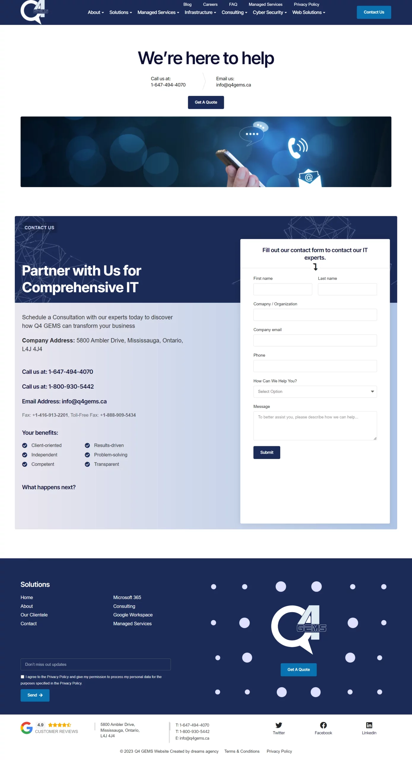 contact us page for q4gems website developed & designed by Dreams Agency Mississauga, Ontario