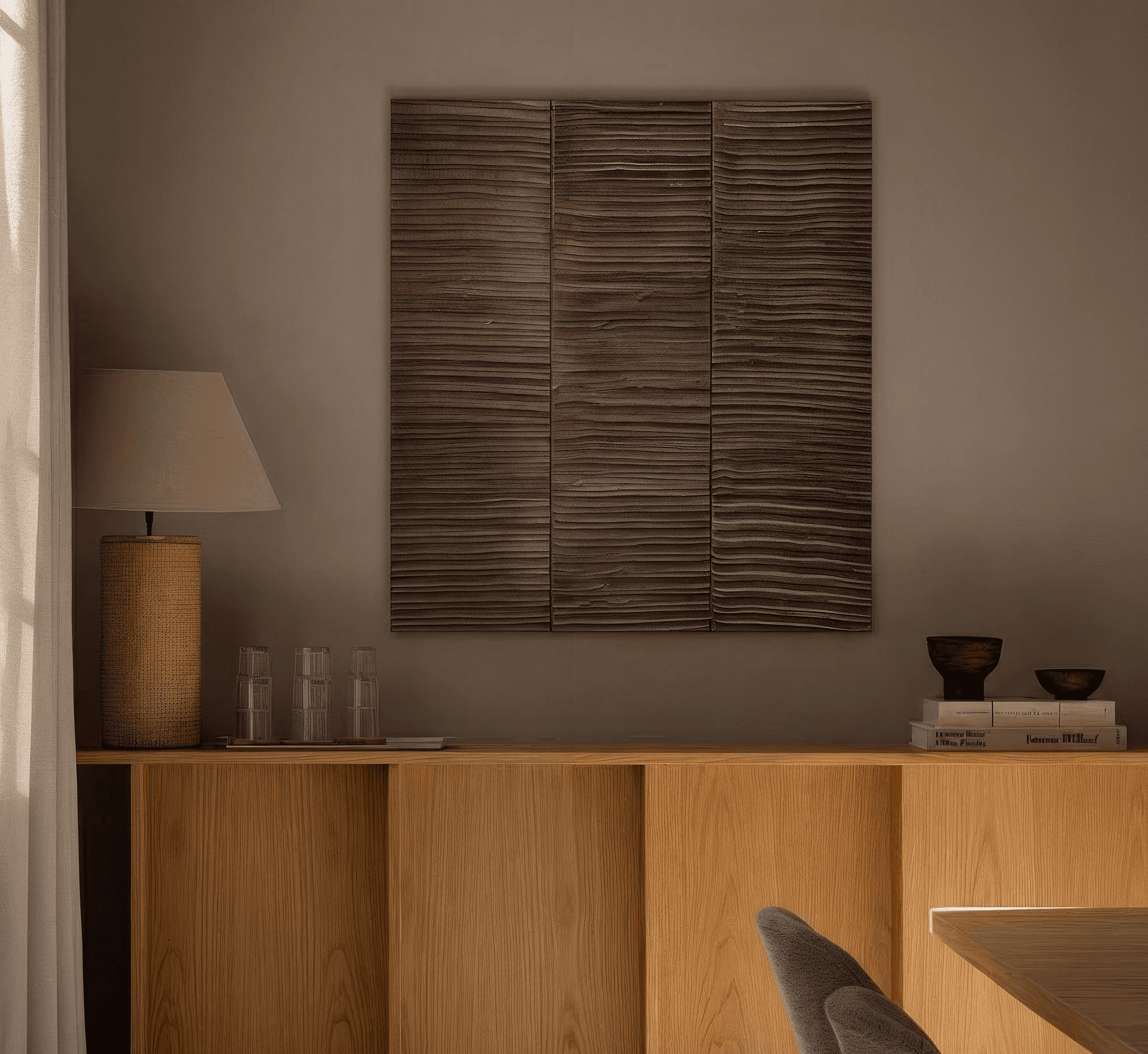 A scene of an oak chair against the wardrobe