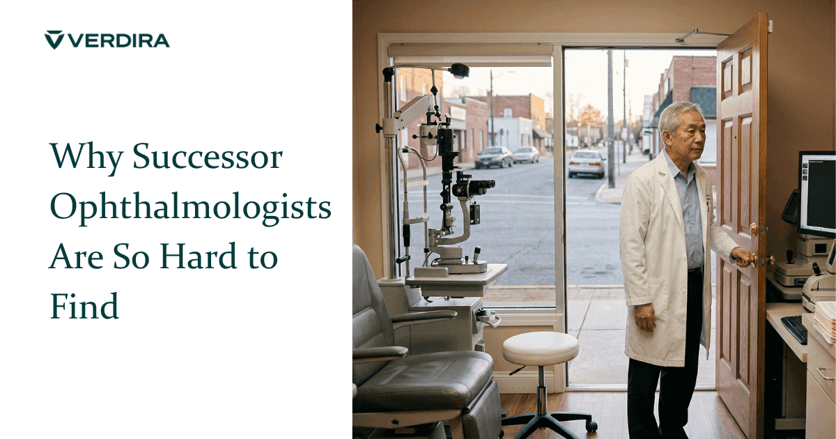 Older ophthalmologist standing in practice doorway looking out at empty street waiting for a successor physician