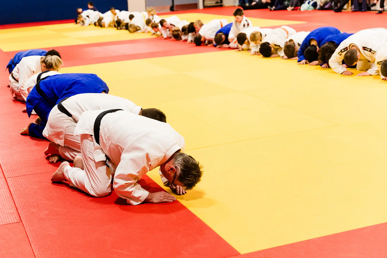 Sensei and judoka bowing in to start class