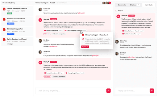 Sharly enabling secure team collaboration with shared research workspace, live Q&A, and source-linked answers