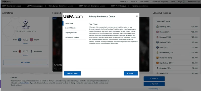 UEFA Cookie Notice Website Pop-Ups