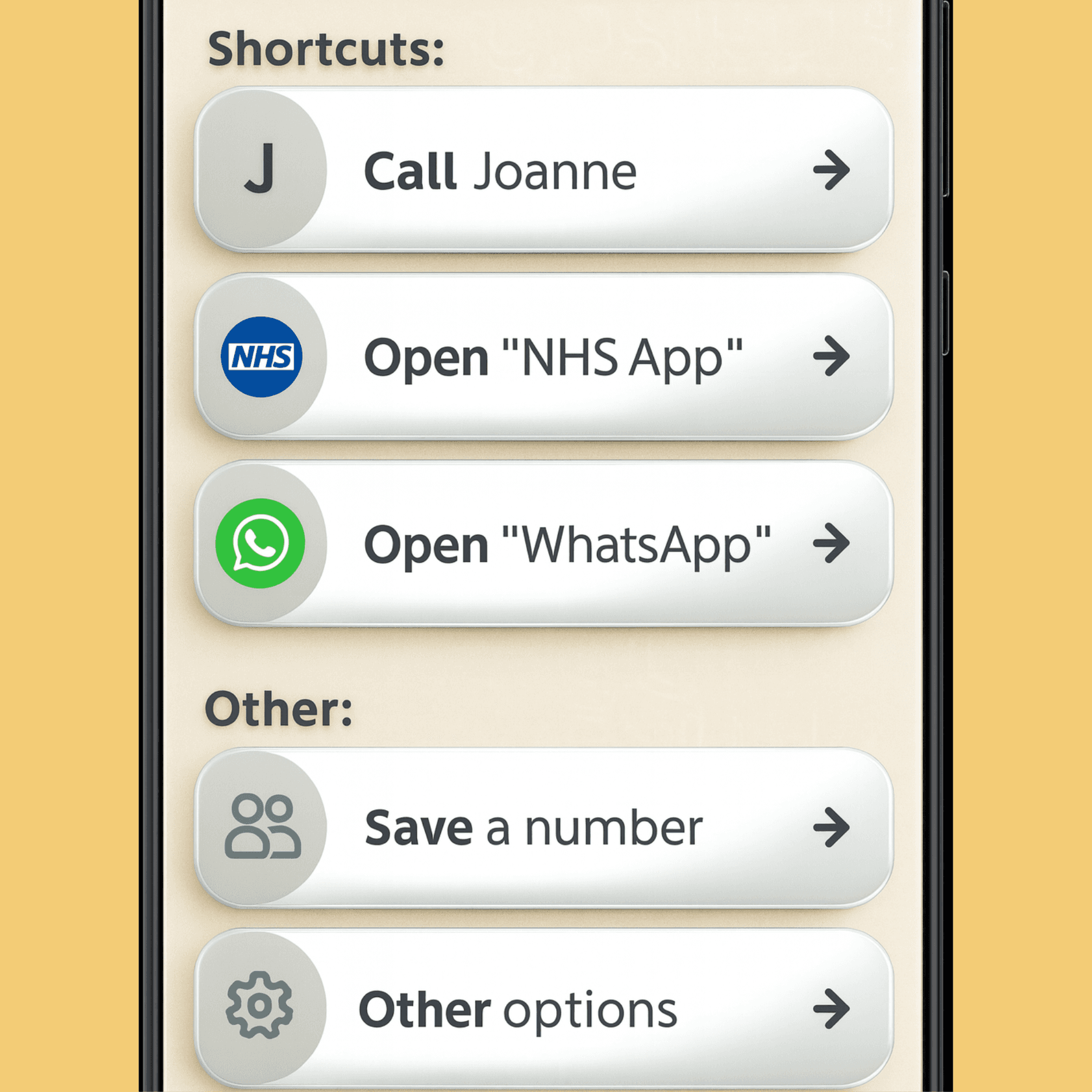 Phone displaying Chatsie app menu with options like calling, reading texts, and other functions on a white background.
