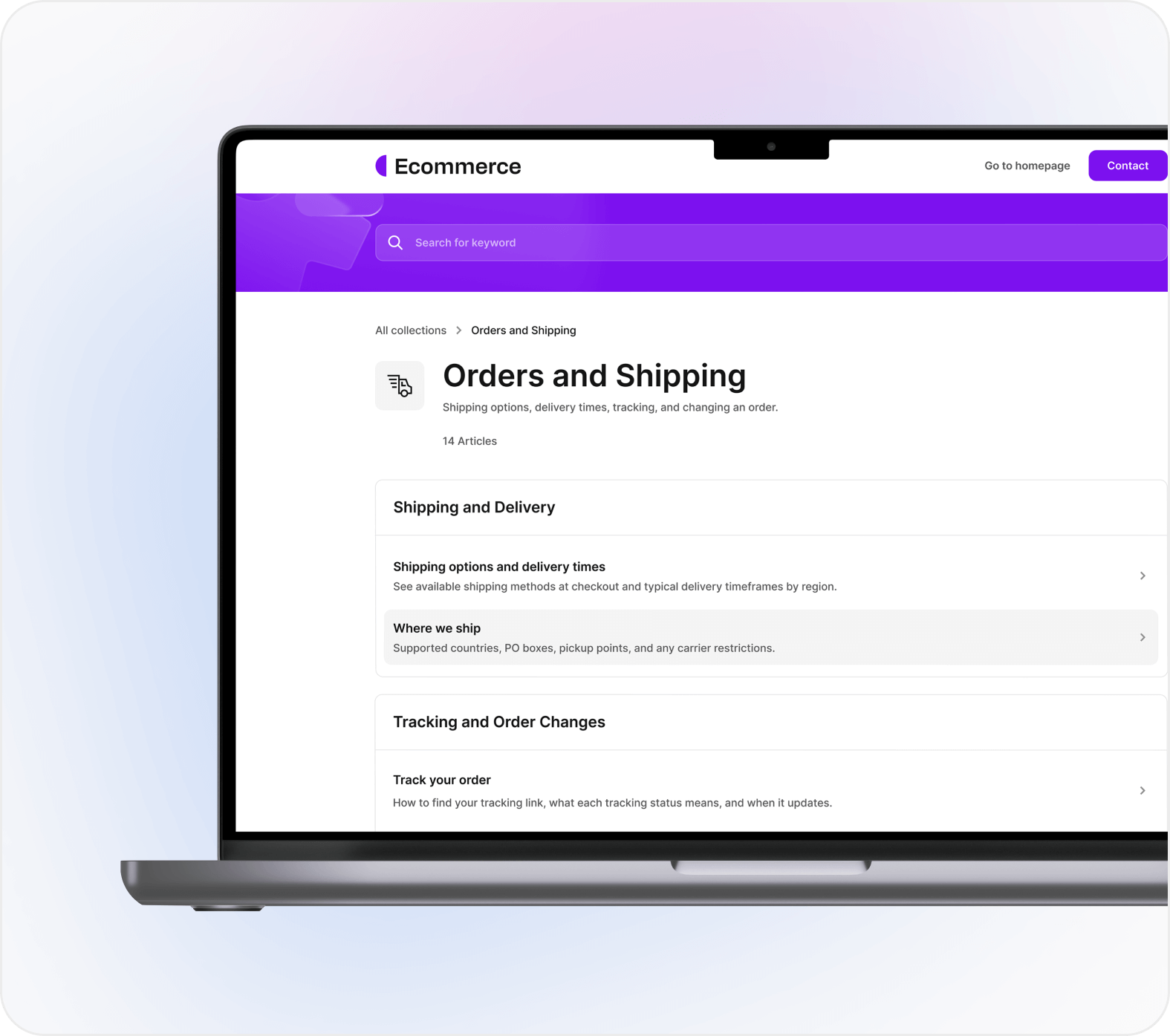 Ecommerce help center orders and shipping documentation page created with Helpview.