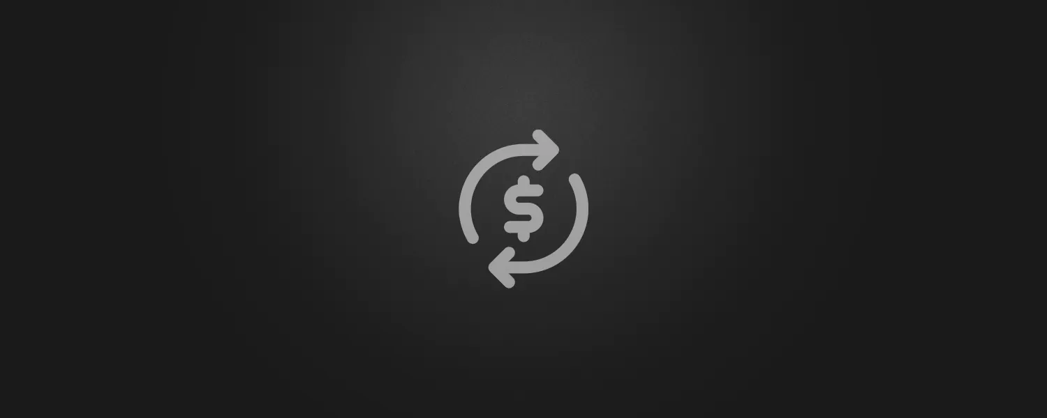 Circular arrows with dollar symbol icon in silver gray on dark background. Represents Lucas Ostrowski's custom calculation engine for automated financial formulas and dynamic business metrics.