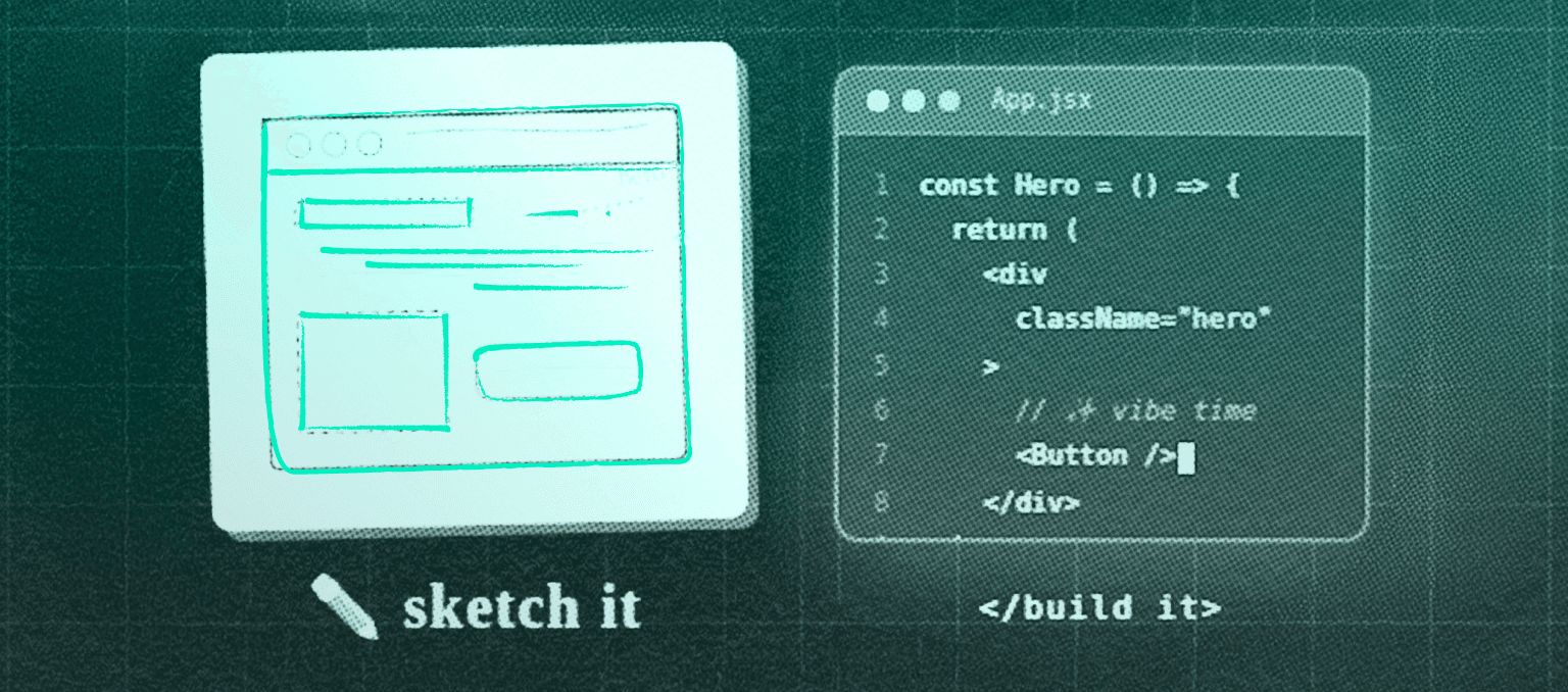 Illustration showing a hand-drawn website sketch labeled “sketch it” on the left and a code editor labeled “build it” on the right, connected by an arrow to represent moving from design to code.