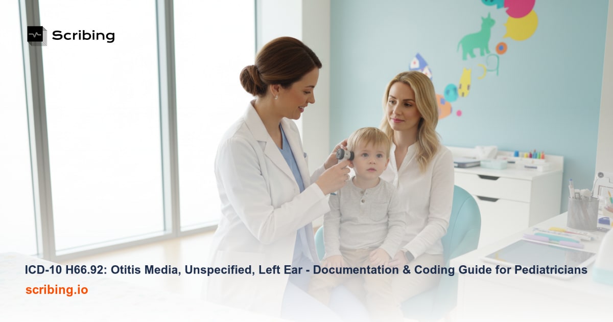 Pediatrician examining a child's left ear with an otoscope, representing ICD-10 H66.92 otitis media documentation and coding for pediatric primary care