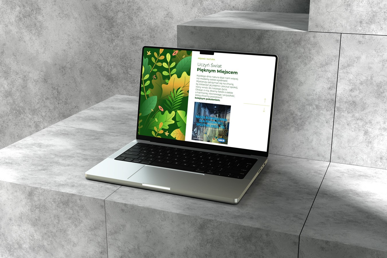 Projekt strony internetowej w portfolio web design. Mockup laptopa w minimalistycznym otoczeniu. Layout witryny o tematyce ekologicznej.