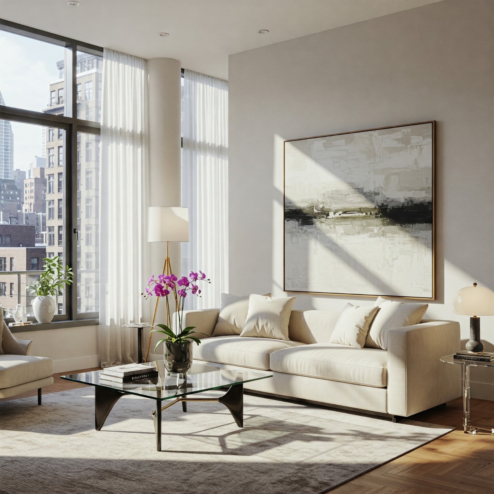 Modern glass building with illuminated facade and cityscape view at sunset
