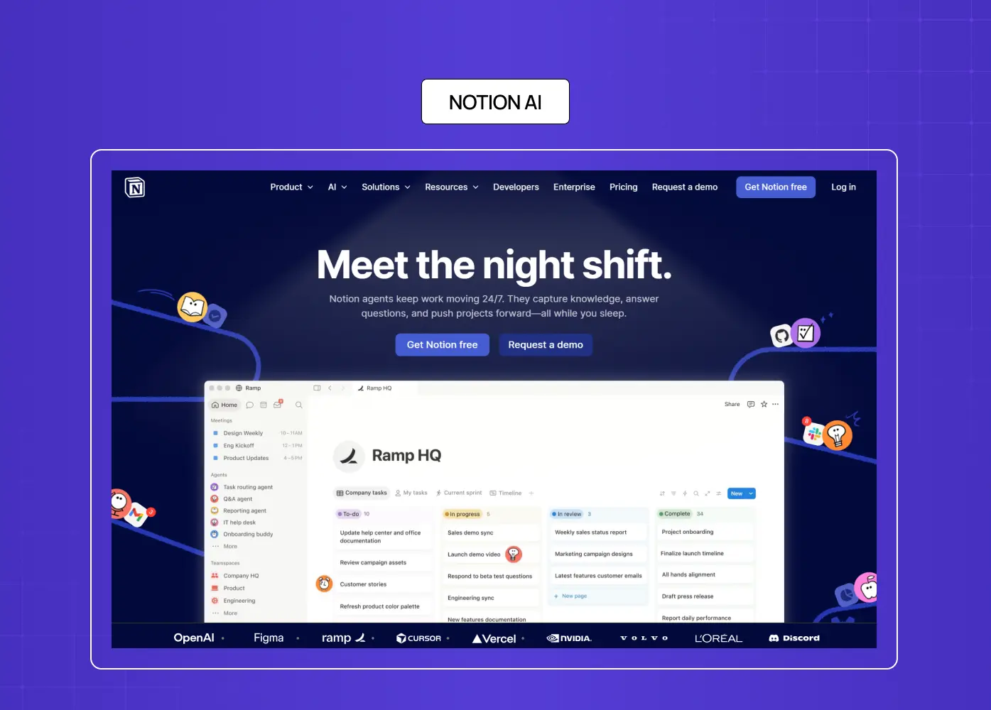 Notion AI homepage featuring autonomous agents that support knowledge management, project coordination, and workplace productivity.