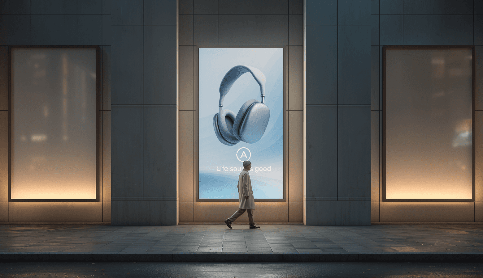 a man walking down a street past a large poster