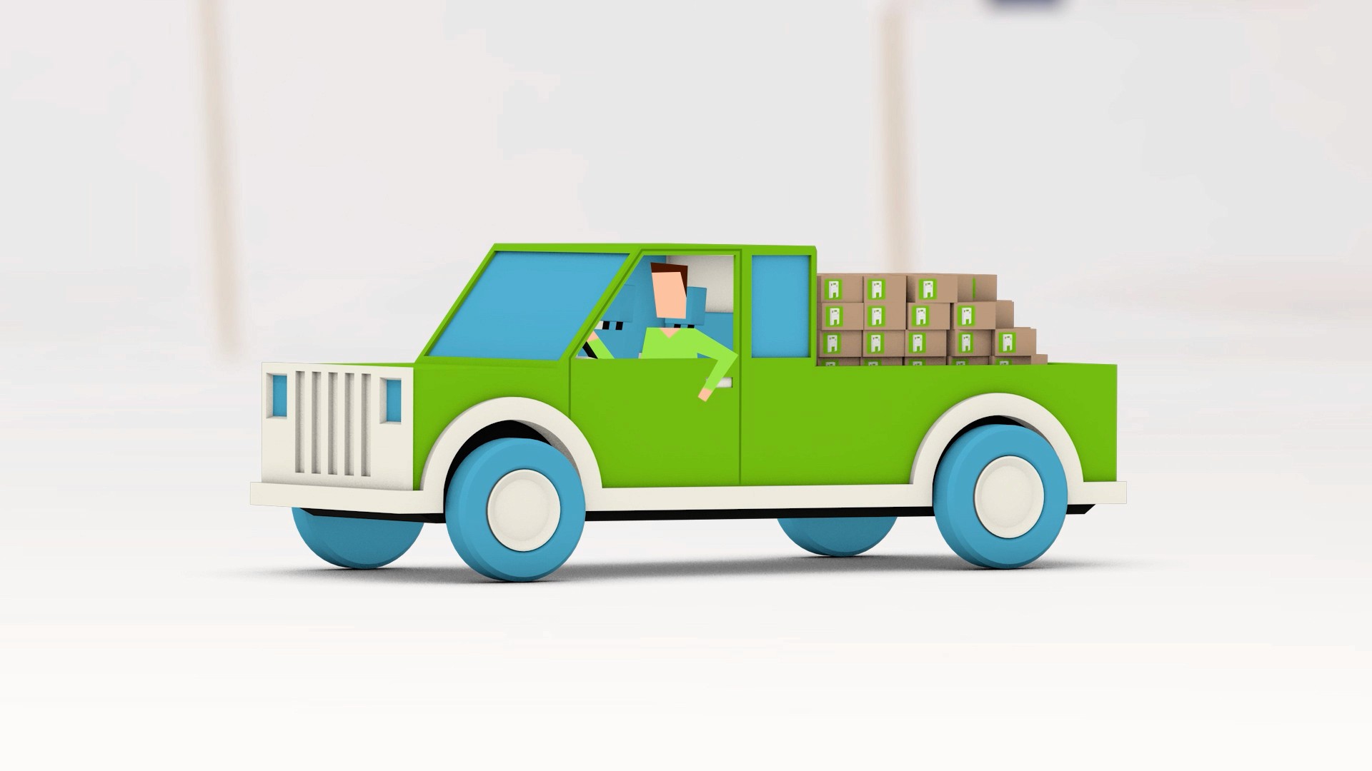 Ein Mitarbeiter der Energienetz Steiermark ist in einem grünen Pickup-Truck unterwegs, eine Hand lehnt lässig aus dem Fenster. Auf der Ladefläche stapeln sich Smart Meter Kisten.
