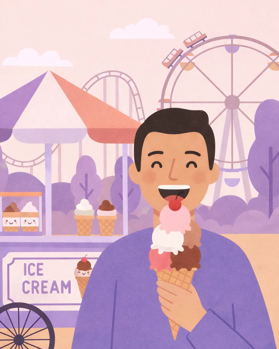 Glücklicher Parkbesucher genießt ein Eis vor Attraktionen in einem Freizeitpark