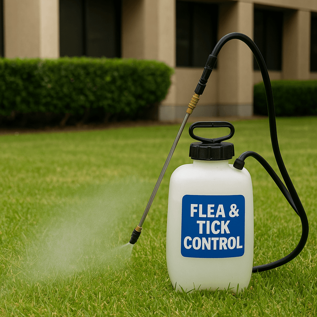 Flea and tick control pesticide bottle that is spraying the grass for pests.
