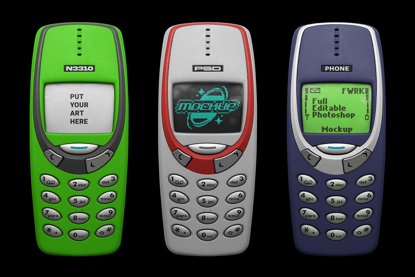 Iconic mobile phone mockup with multiple colorful retro phone design previews