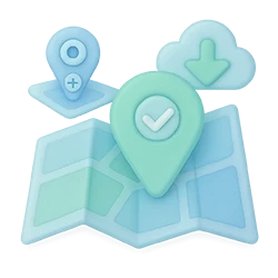 3D teal icon of a map with location pins and cloud, representing Qubi Step 1: register and load campaign map locations