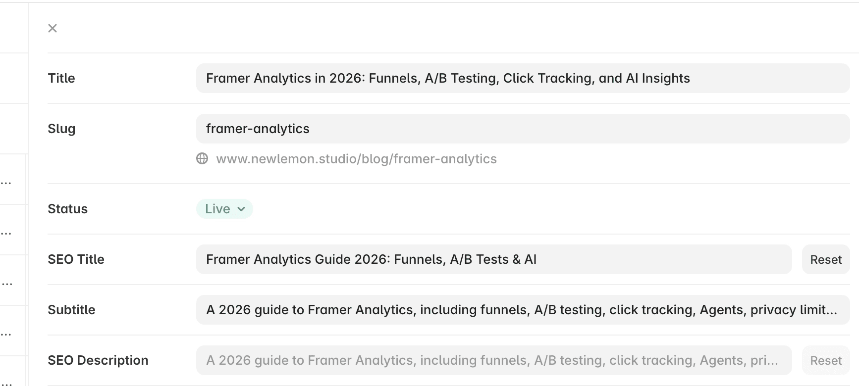 A screenshot describing update the article title, slug, and SEO fields inside the existing CMS record. Avoid creating a new CMS item unless you genuinely want a separate page.