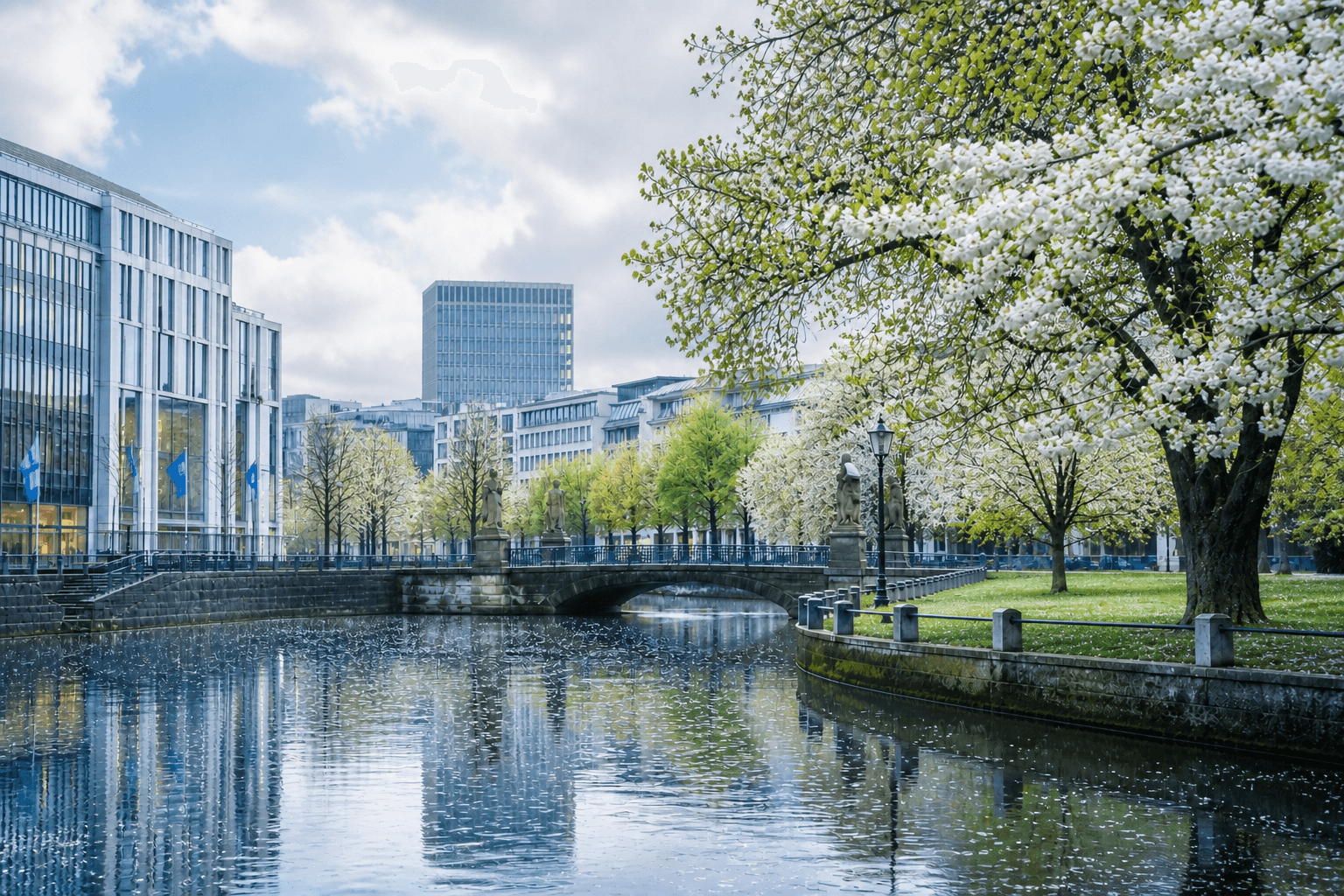 Düsseldorfer Hofgarten mit weißer Blüte, frischem Grün und Blütenblättern auf dem Wasser an einem hellen Apriltag.