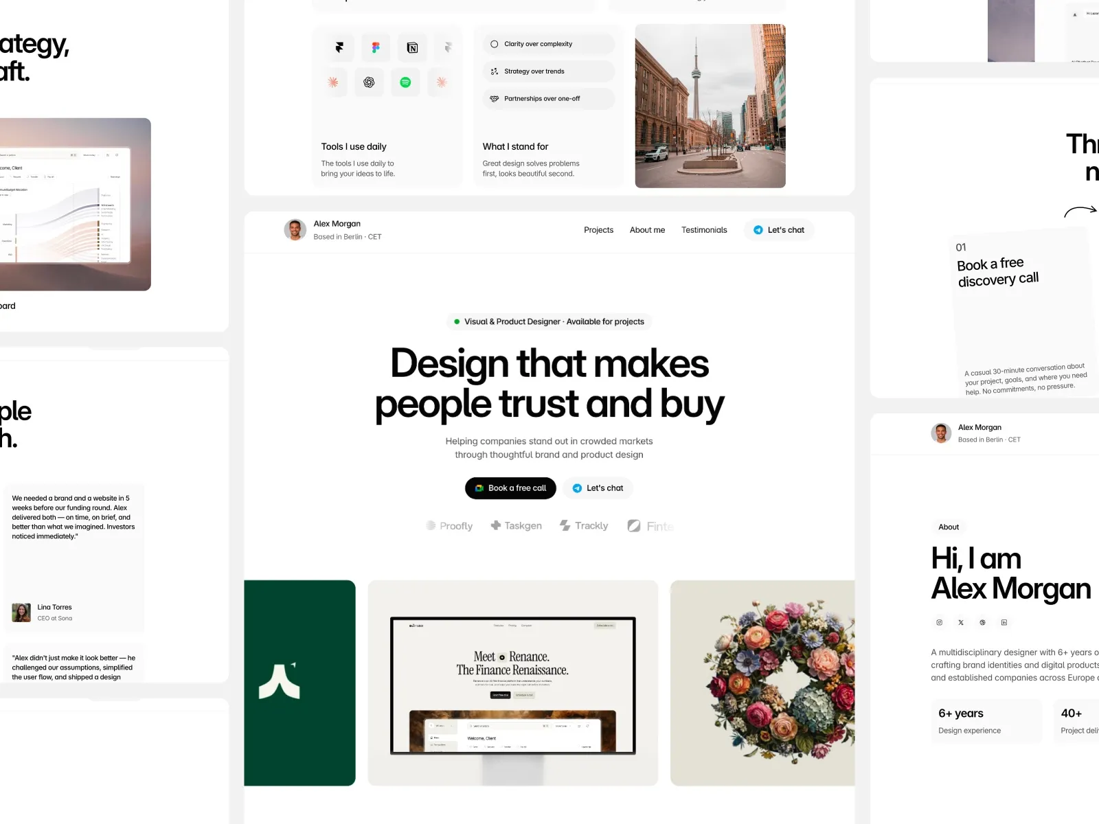 Menoa template pages: home hero, about section, services and booking call, laid out side by side