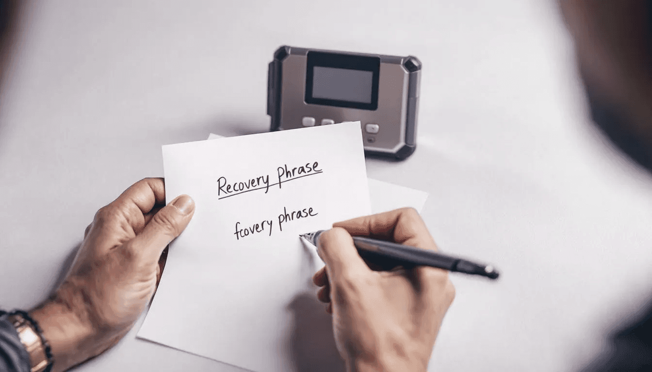 An individual is carefully writing down a recovery phrase on a piece of paper while a hardware wallet sits nearby, emphasizing the importance of self custody in managing private keys for digital assets. This practice ensures secure self custody and full control over one's crypto assets, reducing the risks associated with third-party custody.
