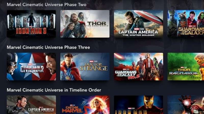 Disney+ Marvel menu organized into phases