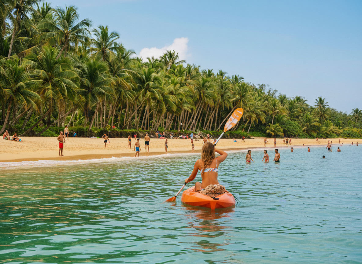 A woman paddling in an orange canoe towards the beach in Pacific Harbour Fiji with people on the beach 