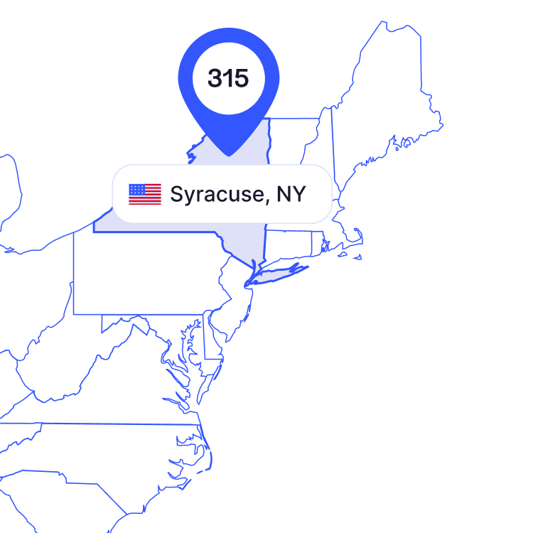 US map of 315 area code phone numbers and its coverage region