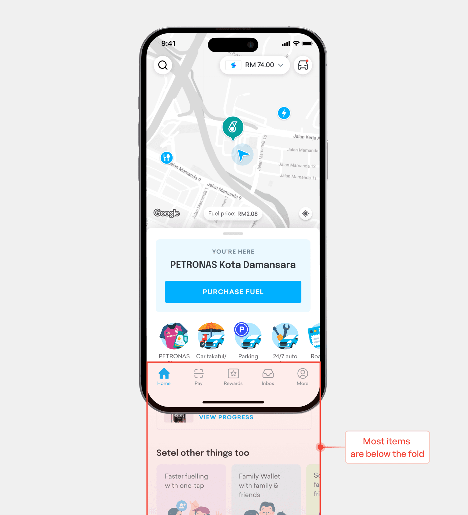Setel's old homepage with content overhanging showing most items are below the fold