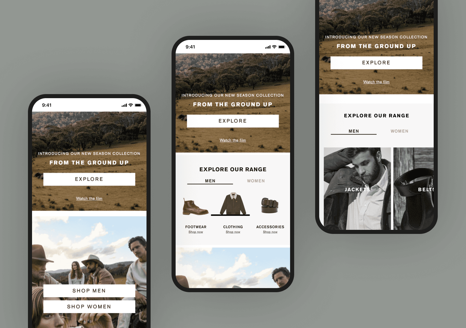 3 mobile screens showcasing a concept for R.M. Williams