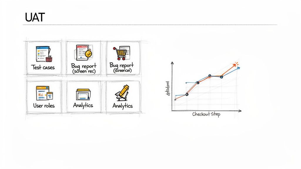 UAT process elements like test cases, bug reports, user roles, analytics, and a graph showing checkout step conversion.