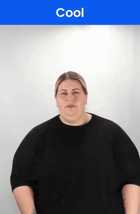 Animated GIF: a Deaf signer signs COOL in ASL, the thumb of a fist pressed into the cheek.