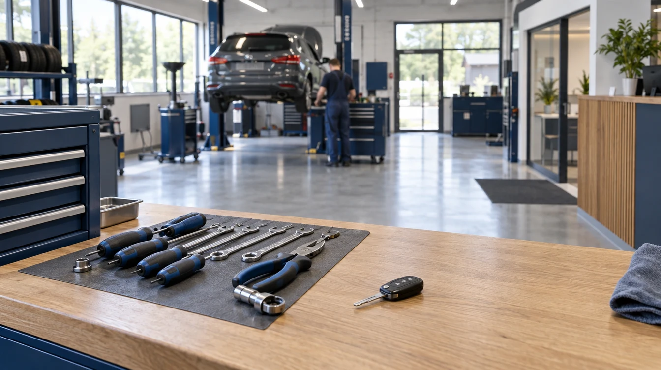 Tools and car key on a workbench