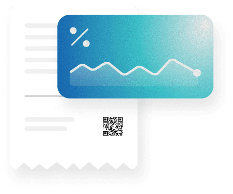 an illustration of a dummy receipt with no details written on it, having an overlay of a card with percentage   showing lower cost