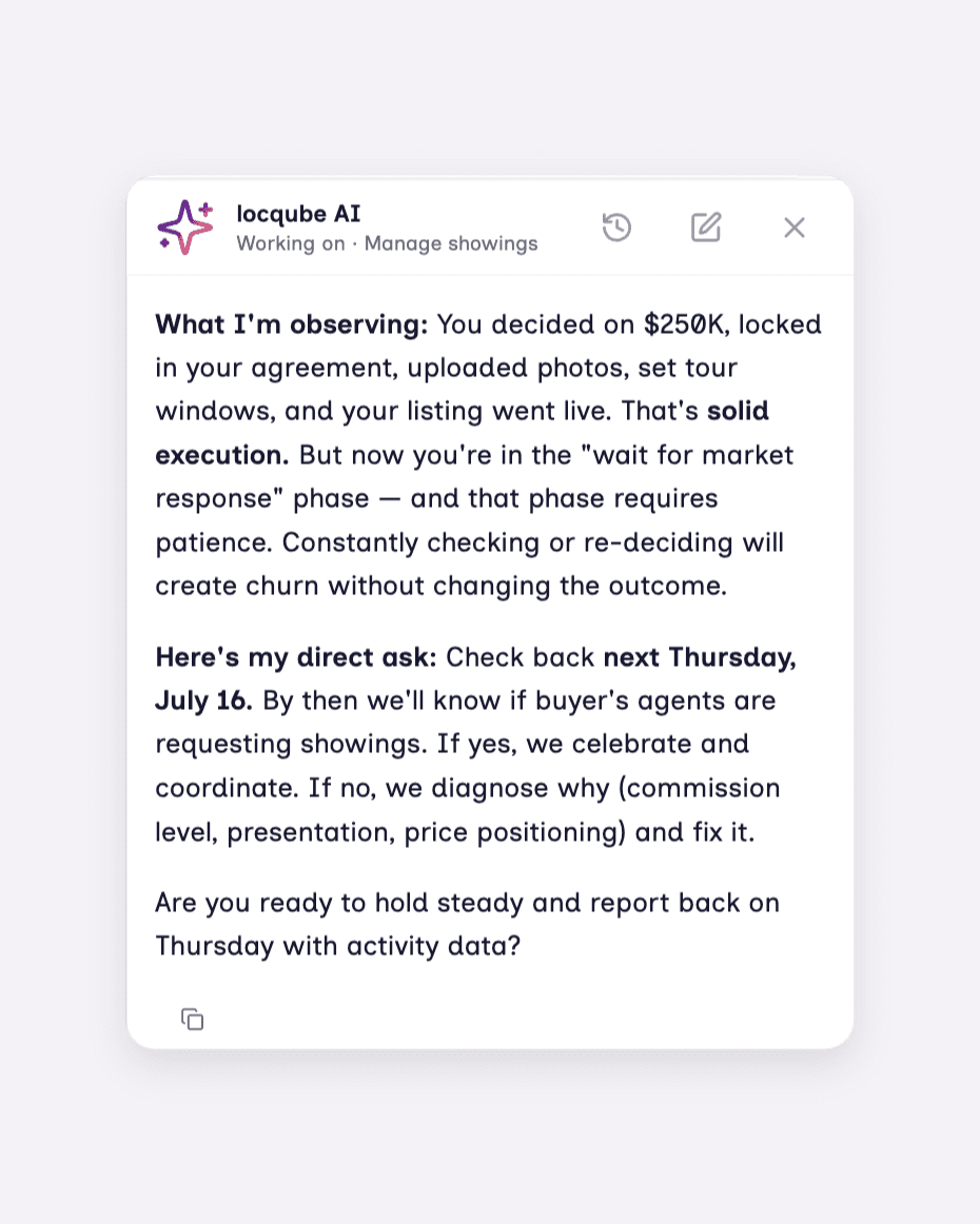 locqube AI coaching a seller with specific next moves