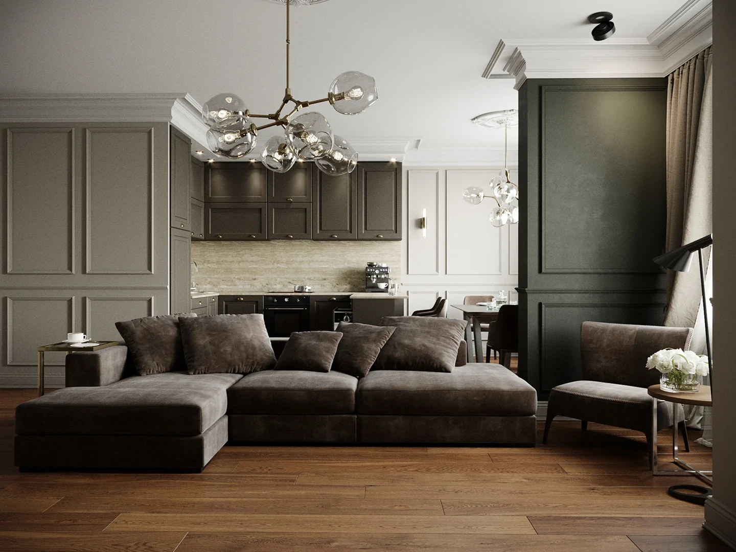 Couloir — appliques à faible éblouissement pour circulation nocturne.