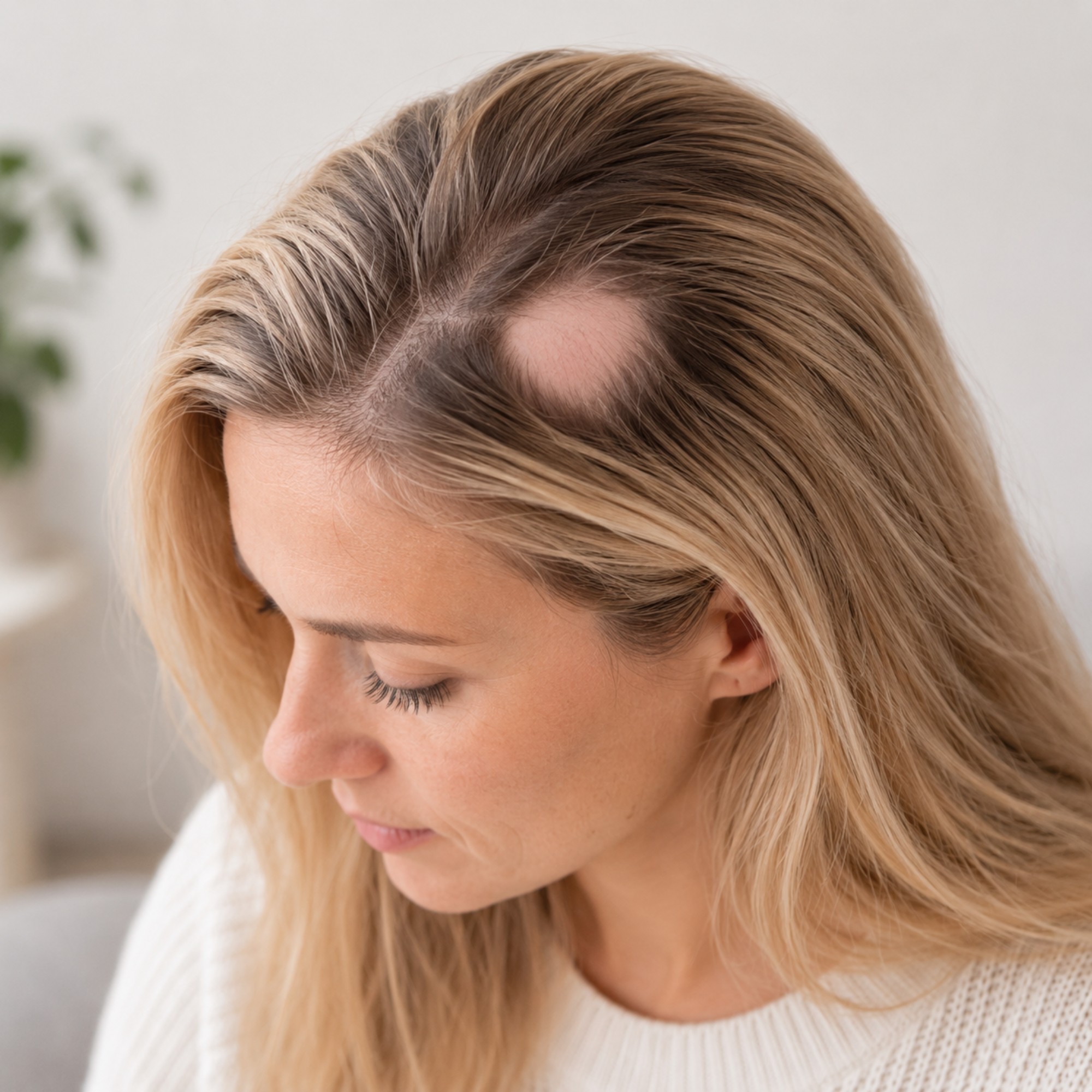 Vrouw met een duidelijk afgebakende kale plek passend bij alopecia areata.