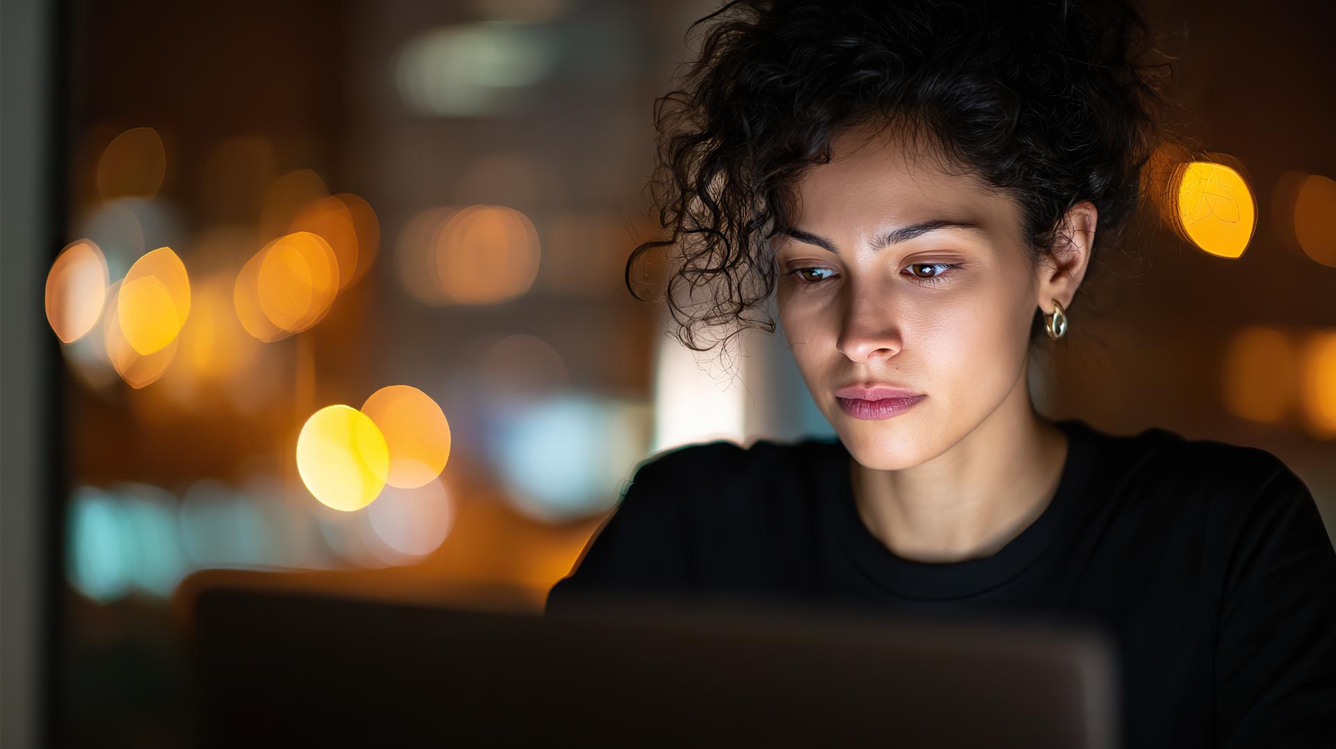 A close up portrait of an Asian woman with curly hair and dressed in black