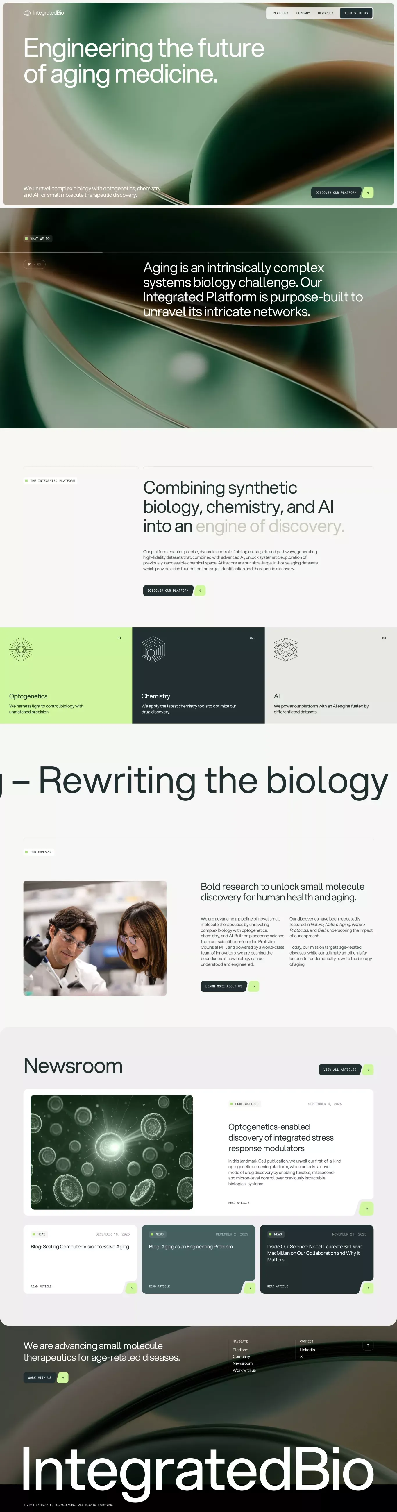Integrated Biosciences landing page screenshot showcasing AI and Medical design