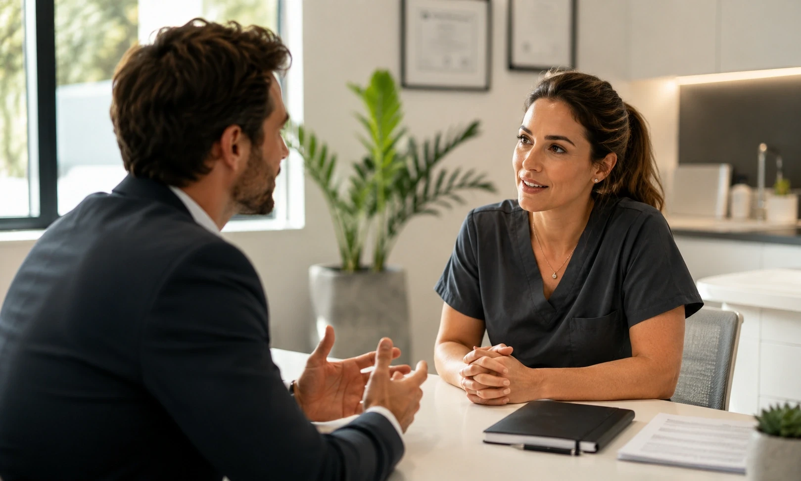 Dental clinic professional consulting with patients.
