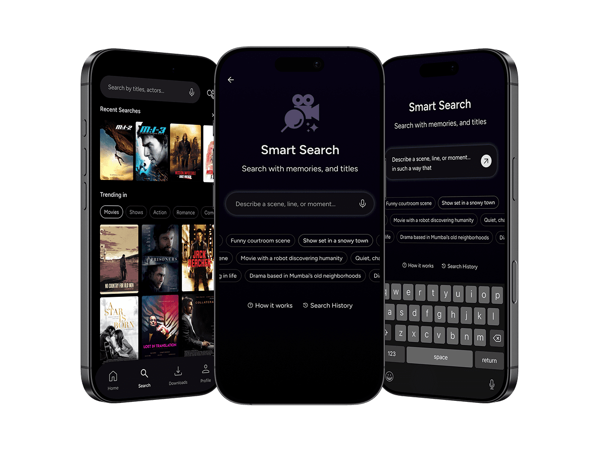 Triptych of mobile screens showing the transition from the standard search landing page to the dedicated Smart Search interface and active keyboard input