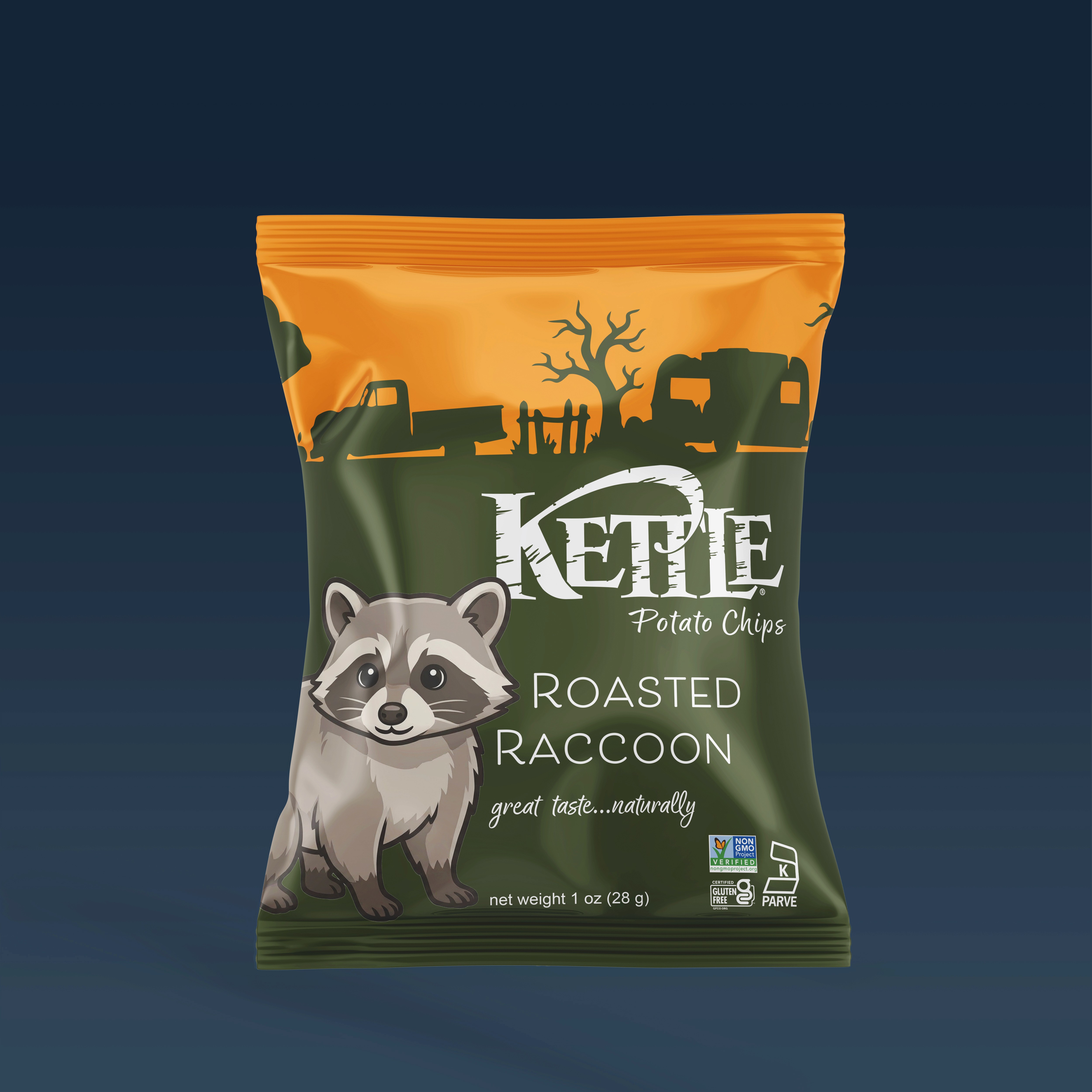a bag of kettle chips with a raccoon on it flavored roasted raccoon