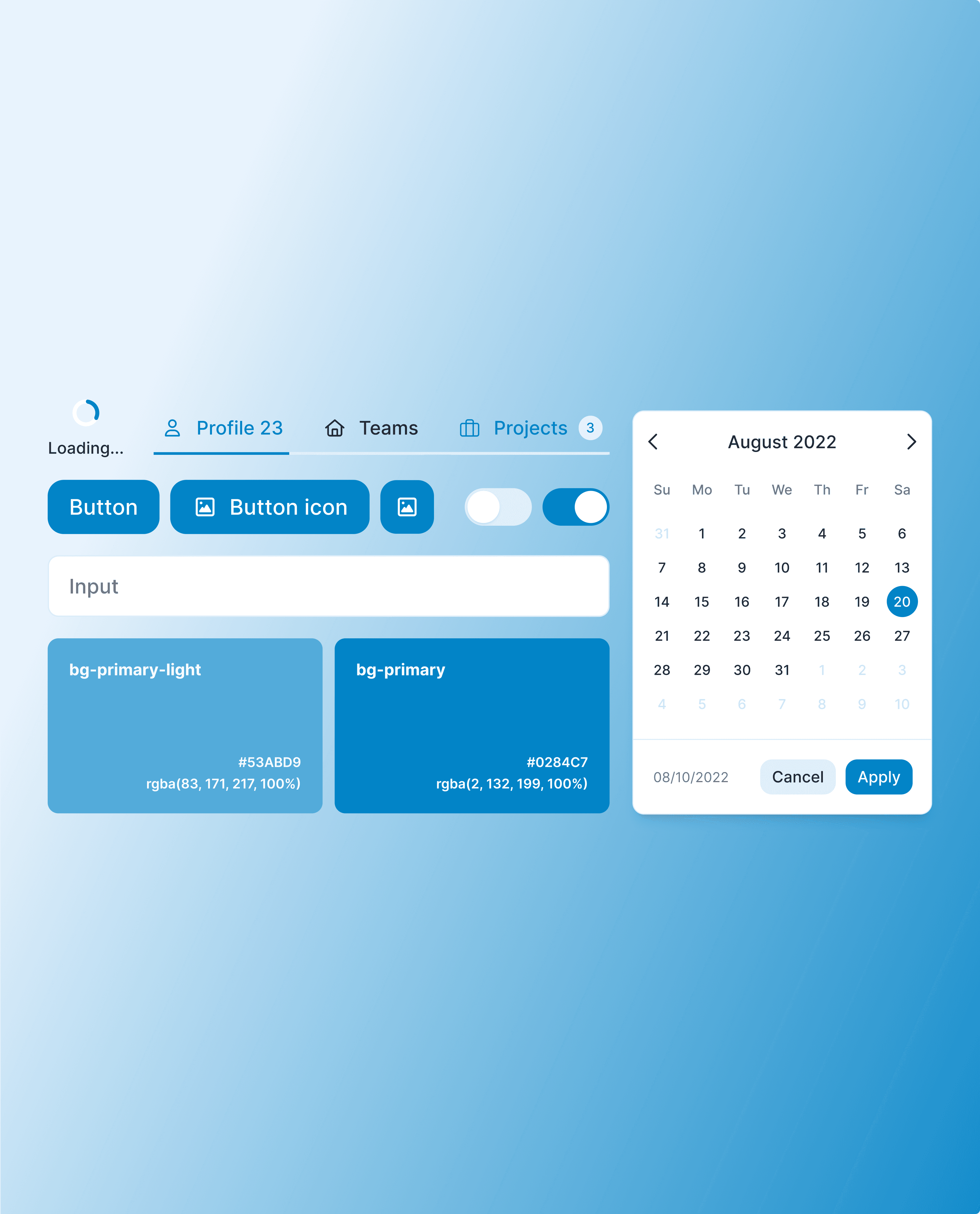 Aico design system components including tab navigation, button variants, toggle switches, an input field, two primary color swatches with hex and RGBA values, and a date picker modal showing August 2022