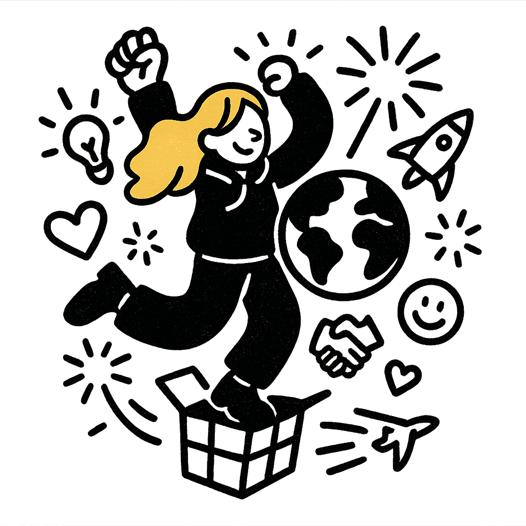 Illustration of someone jumping out of a box surrounded by flying items like a rocket, a lightbulb and some copywriting related items